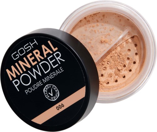 Behälter mit GOSH Mineral Powder, peachfarbenes Pulver, schwarzer Deckel.