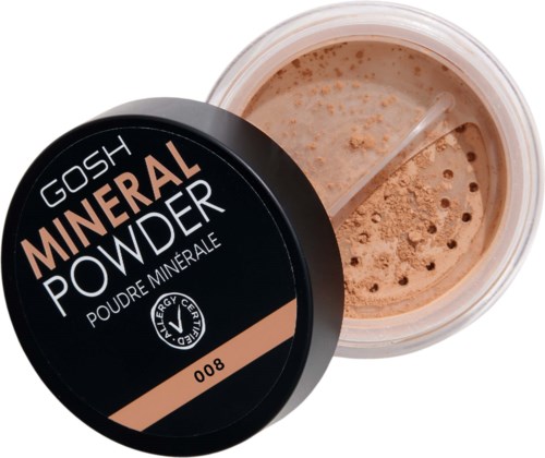 Ein Behälter mit GOSH Mineralpuder, beige Pulver innen, Deckel mit Produktnamen und Details.