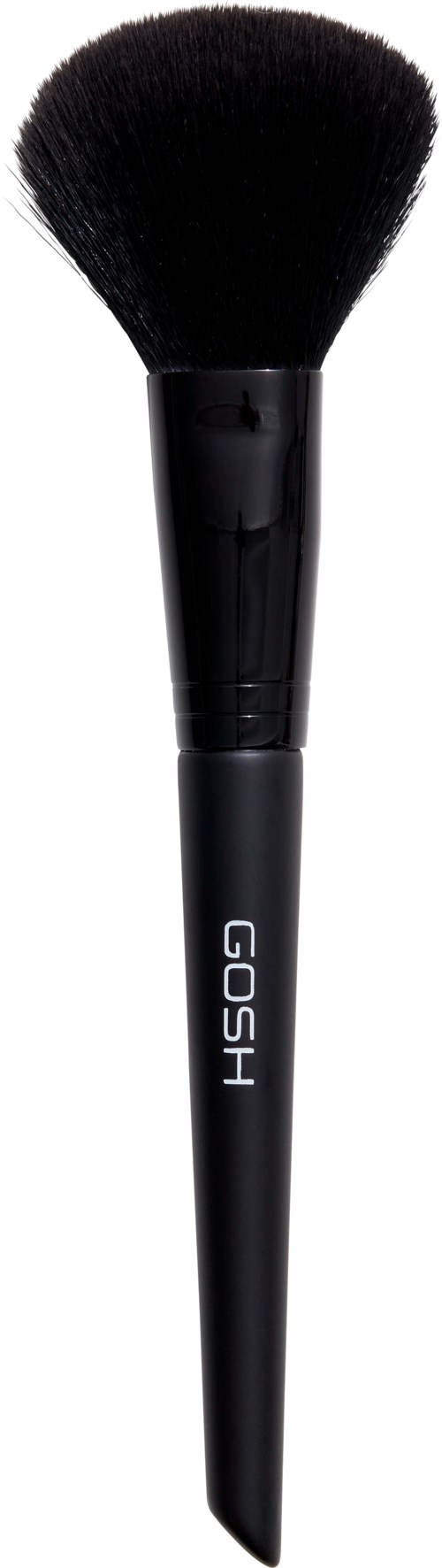 A black makeup brush with dense bristles and a sleek handle, labeled GOSH.