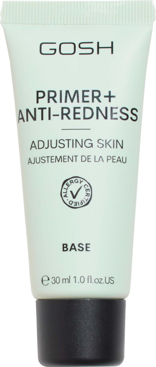 Ett ljusgrönt rör med svart lock, märkt GOSH Primer+ Anti-Redness för hudjustering, 30 ml.
