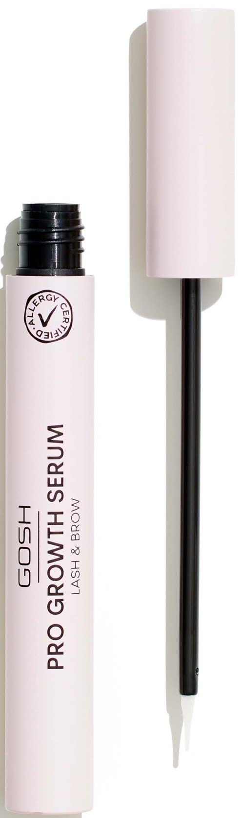 A white tube with a black cap and a long brush, labeled for eyebrow and lash growth serum.