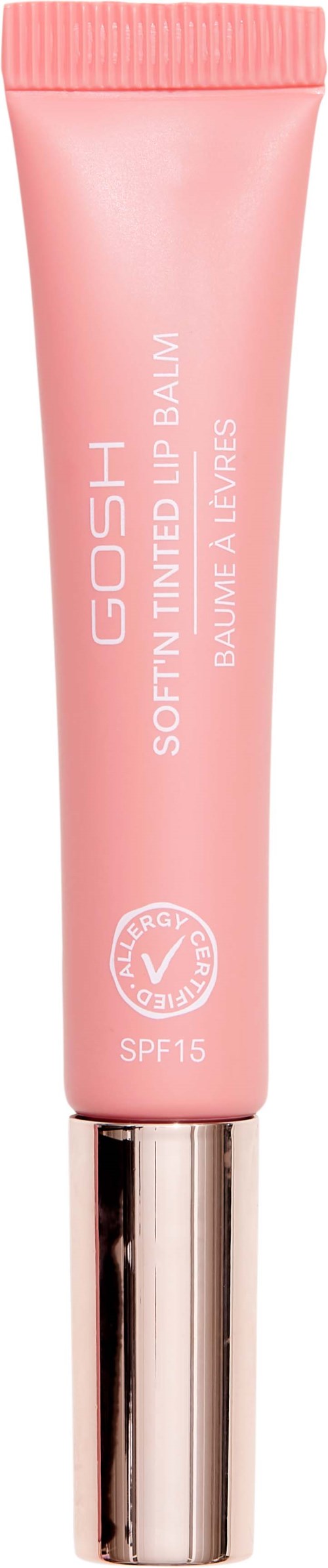 Eine rosa Tube mit GOSH Soft Multitask Lip Balm mit SPF 15, für Lippen. Es steht aufrecht.