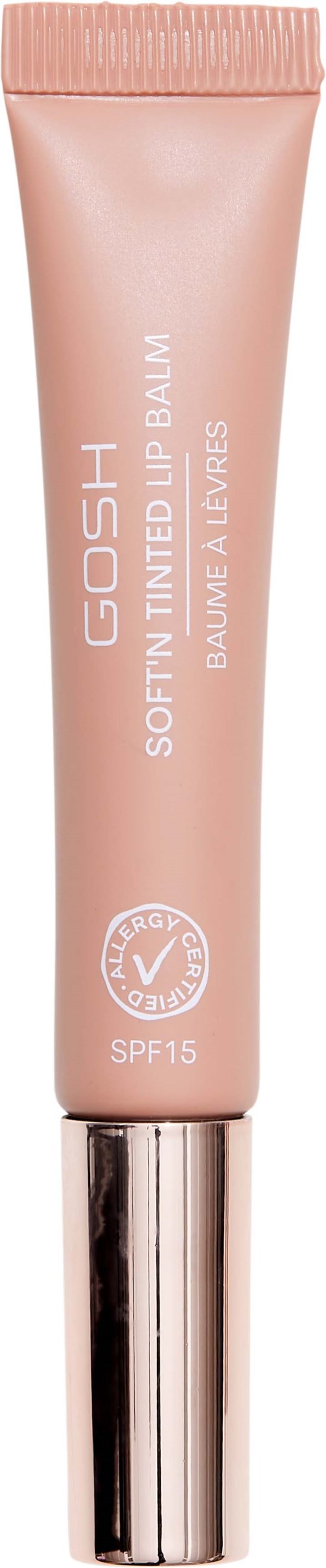 Eine rosa Tube mit silberner Kappe, beschriftet 'GOSH' und 'Softening Tinted Balm,' bietet SPF 15 Schutz für Lippen.