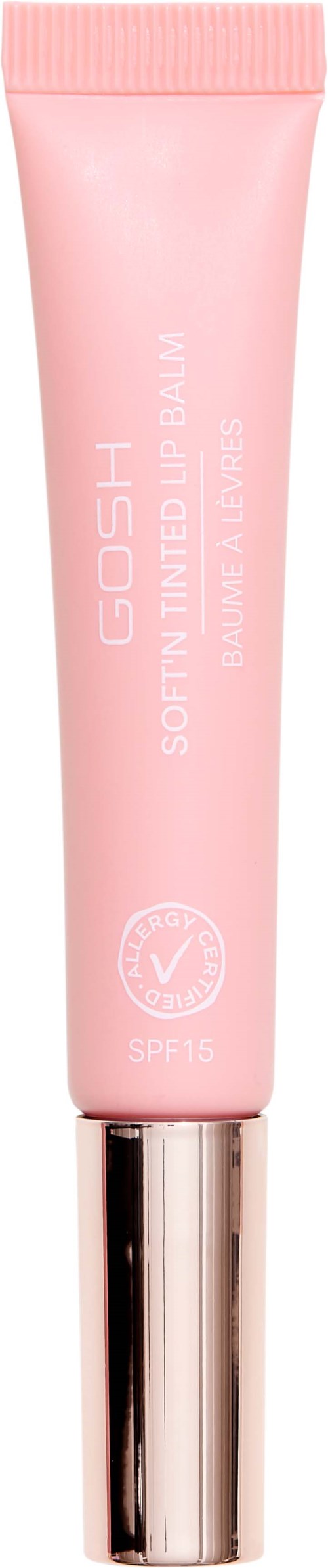 Eine rosa Tube GOSH Soft Tri Manila BB Cream mit SPF 15. Die Tube hat einen silbernen Deckel und weiße Schrift.