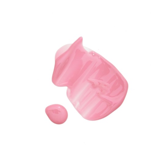 Eine rosa Farbklecks mit einem kleinen Tropfen daneben auf weißem Hintergrund.