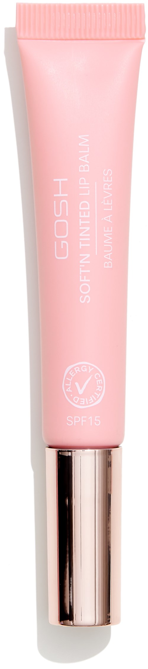 En rosa tub med GOSH mjuk tintad läppbalsam med SPF 15, glänsande lock och minimalistisk design.