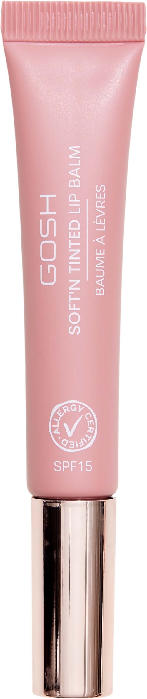 Rote Tube mit weichem getöntem Lippenbalsam mit SPF 15, GOSH bezeichnet, auf schwarzem Hintergrund.