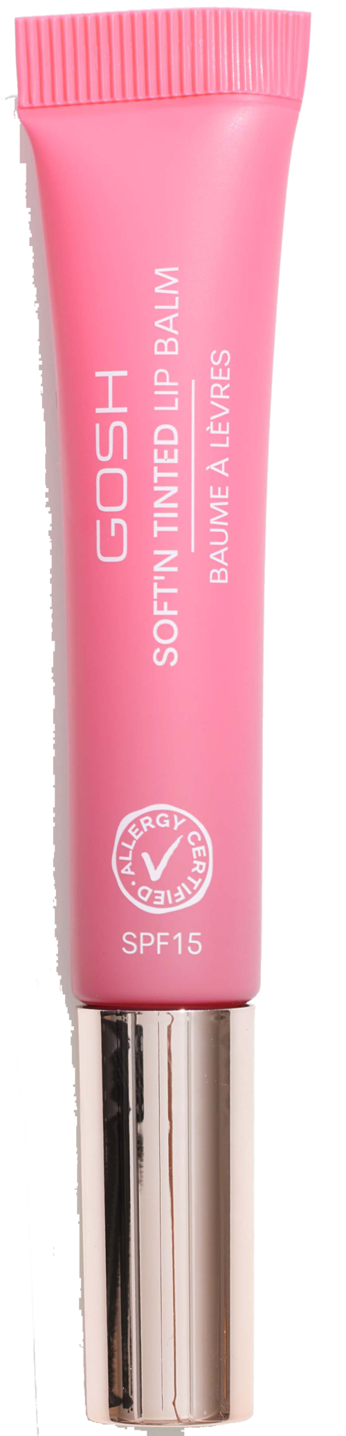 Roze tube lippenbalsem met SPF15 van GOSH voor zachte lippen en zonbescherming.
