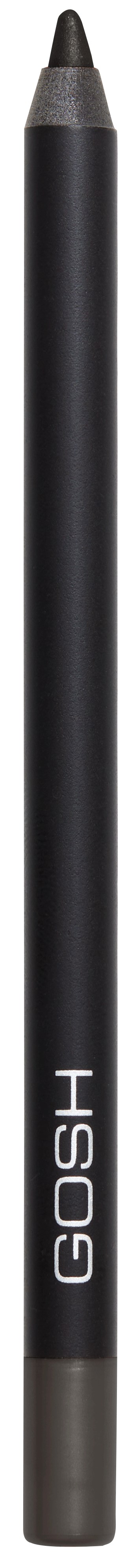 A black GOSH makeup pencil with a sharpened tip, standing upright against a white background.