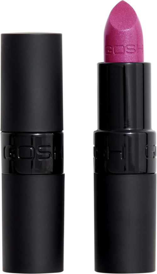 Et rosa leppestift i et svart rør med lokket av, som viser leppestiftet inni.