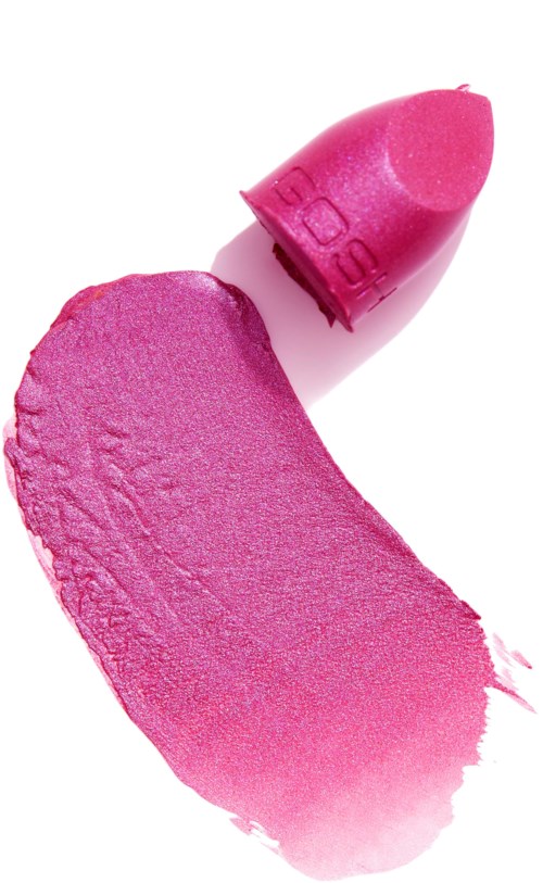 En rosa leppestift og en stripe med rosa leppestiftfarge på en hvit bakgrunn.