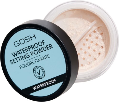 Ein kleiner Behälter mit wasserdichtem Setting Powder, teilweise geöffnet, zeigt helles Pulver.