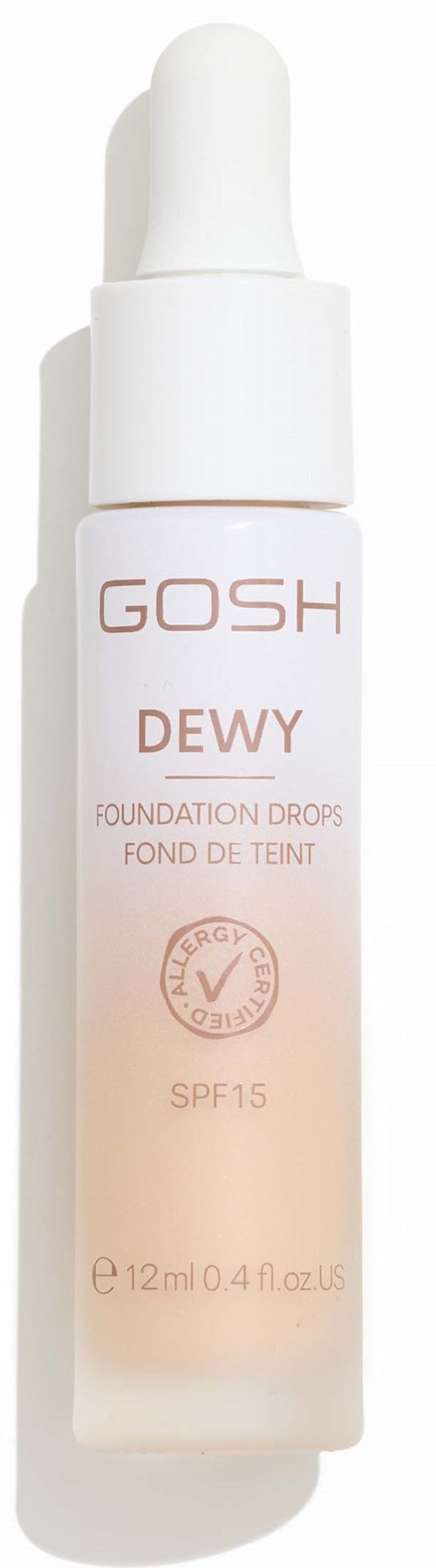 Eine weiße Flasche mit Tropfer, beschriftet 'GOSH Dewy Foundation Drops SPF15'.