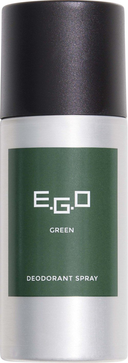 Een witte en zwarte spuitbus met een groen label dat zegt E.G.O Green Deodorant Spray.