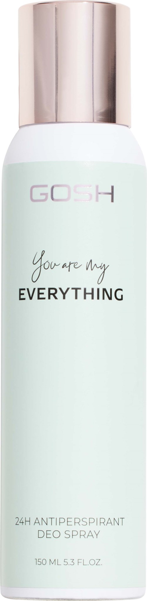 Eine weiße Sprühflasche mit silberner Kappe, beschriftet mit 'GOSH', 'You are my EVERYTHING', und '24H Antiperspirant Deo Spray'.