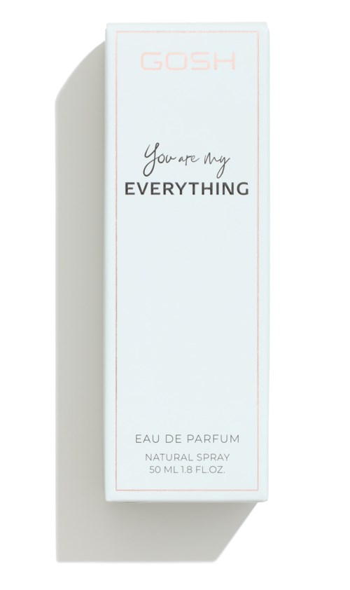 En vit parfymförpackning med mjuka rosa text och tunn kant, med frasen "You are my Everything" och produktinformation.