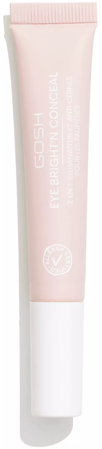 En tube med GOSH øyebelysningsconcealer med lys rosa og hvit design.