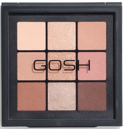 Ein Lidschatten-Paletten mit neun Farbtönen in hellen, mittleren und dunklen Farben, mit dem Wort 'GOSH' in der Mitte.