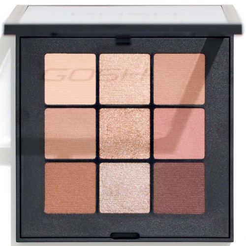 Eine Make-up-Palette mit neun Farbtönen in einer schwarzen Verpackung, inklusive hellen, rosa und braunen Farben.