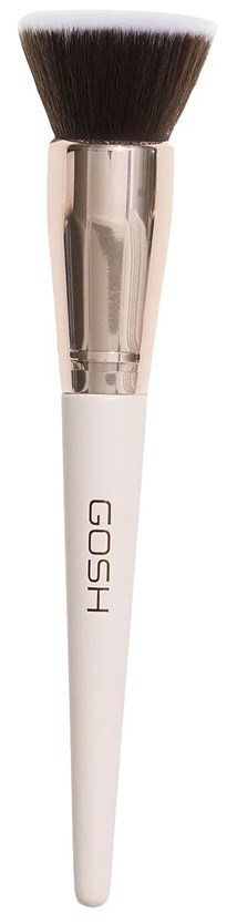 En makeup-borste med hvit håndtak, metallring og tykk, rund svart børste.