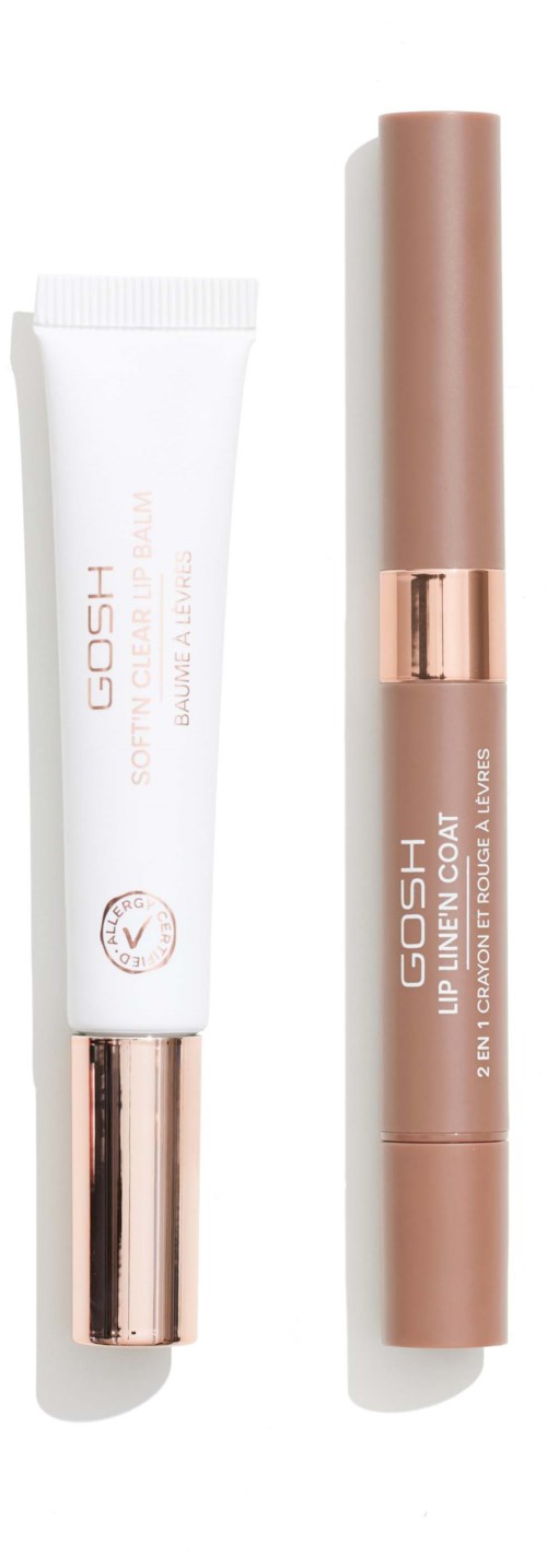 Twee make-upproducten: een witte tube en een beige lippenstift met goudaccenten.