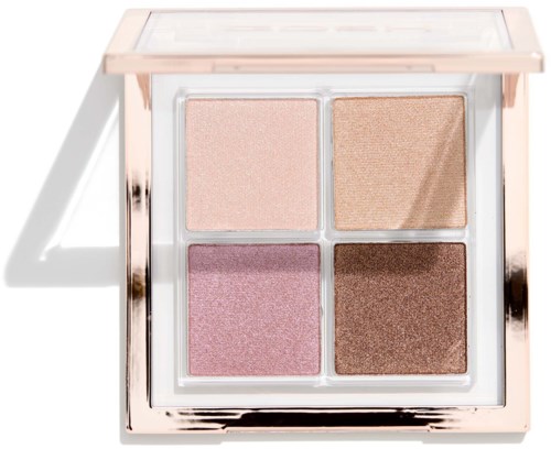 Een make-up palette met vier tinten: roze, perzik, lavendel en bruin, in een glanzend vierkant doosje.
