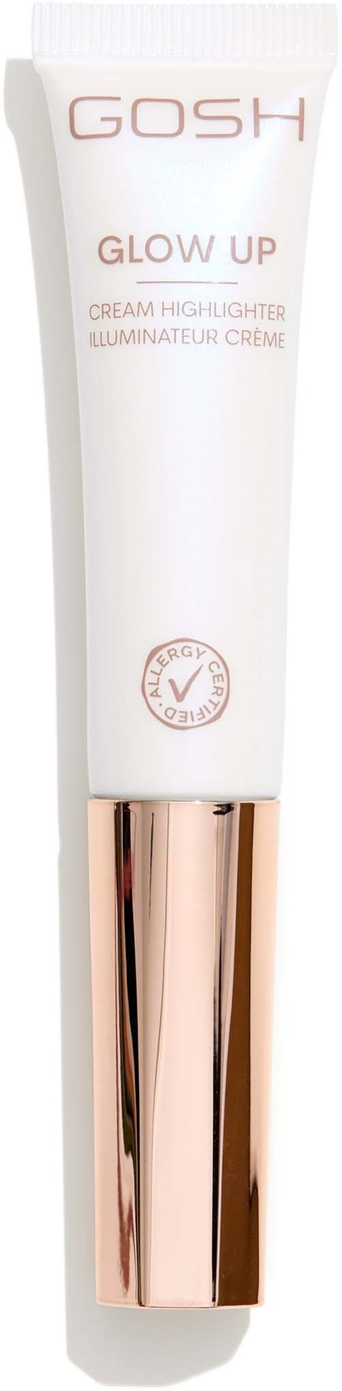 A white tube with a rose gold cap, labeled 'GOSH Glow Up' highlighter cream.