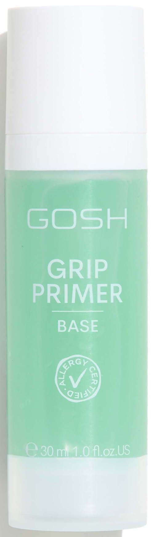 En grønn flaske merket 'GOSH Grip Primer Base' med hvit kapsel.