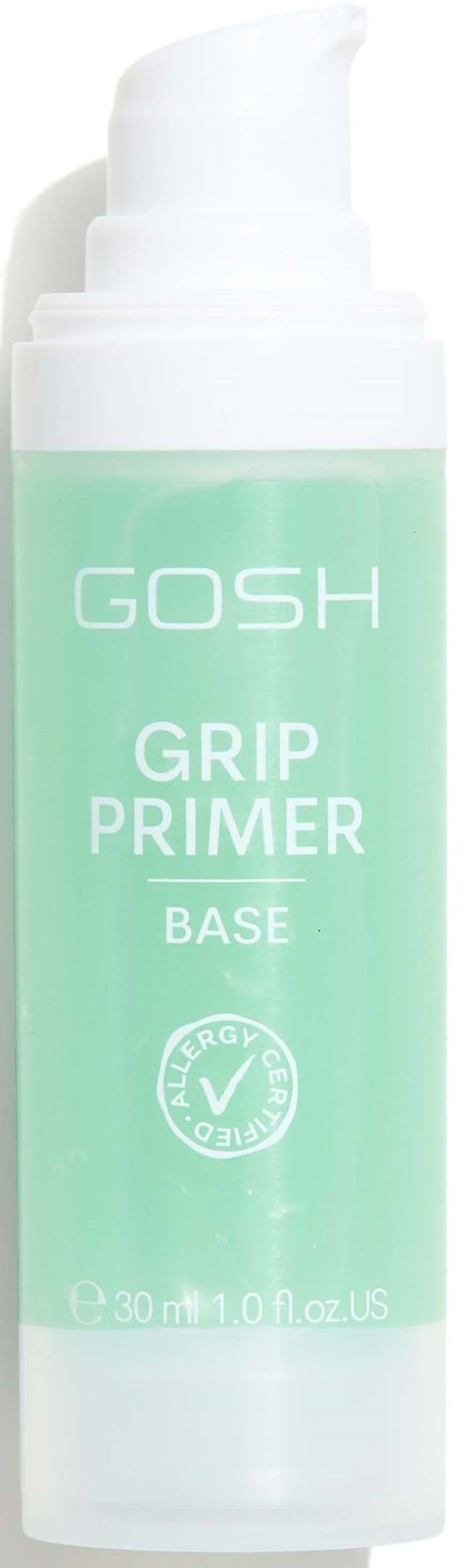 En hvit og grønn flaske merket 'GOSH Grip Primer Base' med pumpe.