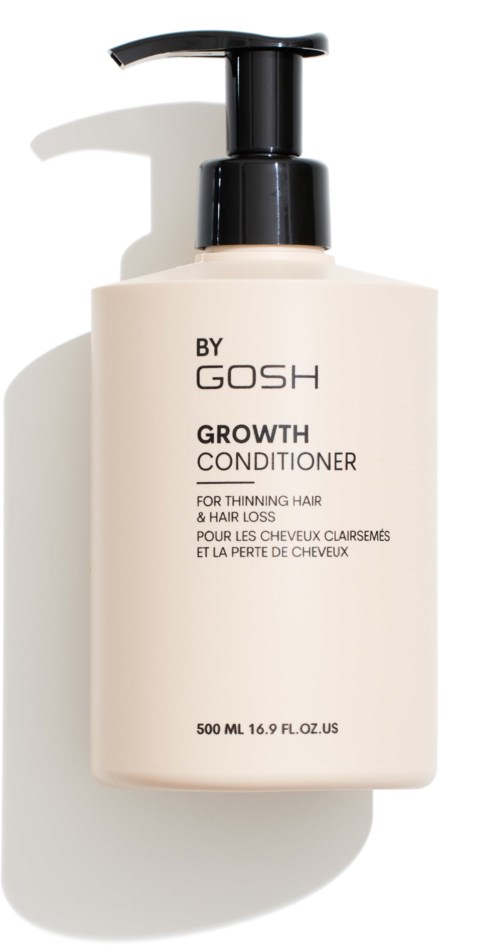 Een witte fles met een zwarte pomp, gelabeld 'GROWTH CONDITIONER' voor dunner wordend haar en haaruitval.