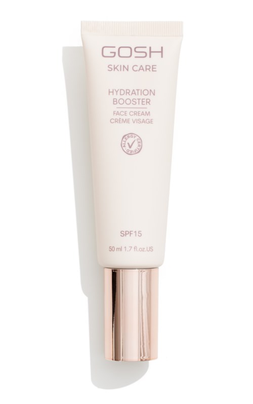 Een witte tube gezichtscrème met een roze en zilveren dop. Het is gelabeld GOSH Hydration Booster SPF15.