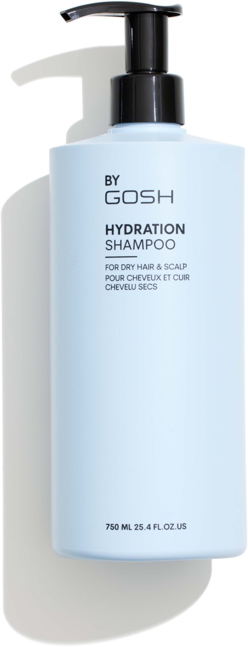 Lichtblauwe fles met zwarte pomp gemarkeerd "HYDRATION SHAMPOO" voor droog haar en hoofdhuid, 750 ml.