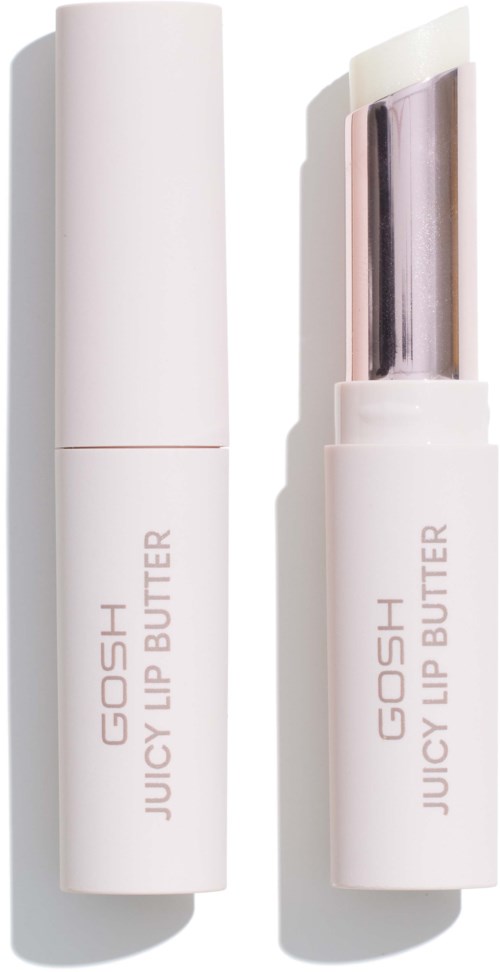 Ein weißer Lippenbalsam mit Silber- und Pinkkappe, beschriftet 'GOSH Juicy Lip Butter'.