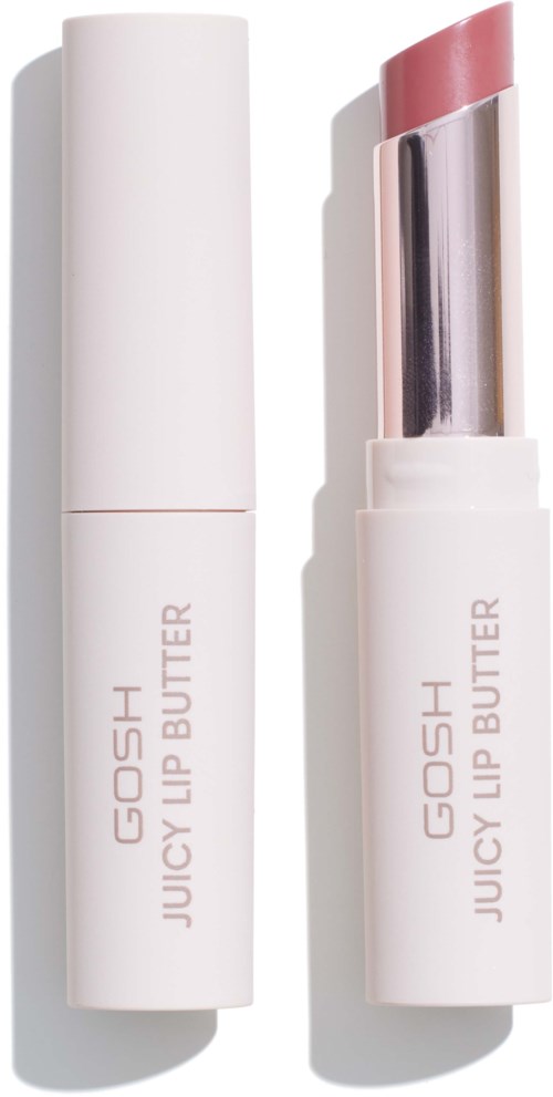 Ein weißer Lippenstiftstift mit sichtbarem rosa Lippenstift, beschriftet "GOSH JUICY LIP BUTTER."