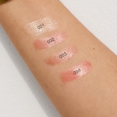 Swatch-Test auf Haut zeigt vier Farbtöne, gekennzeichnet 001 bis 004, von hell bis dunkler Rosa.