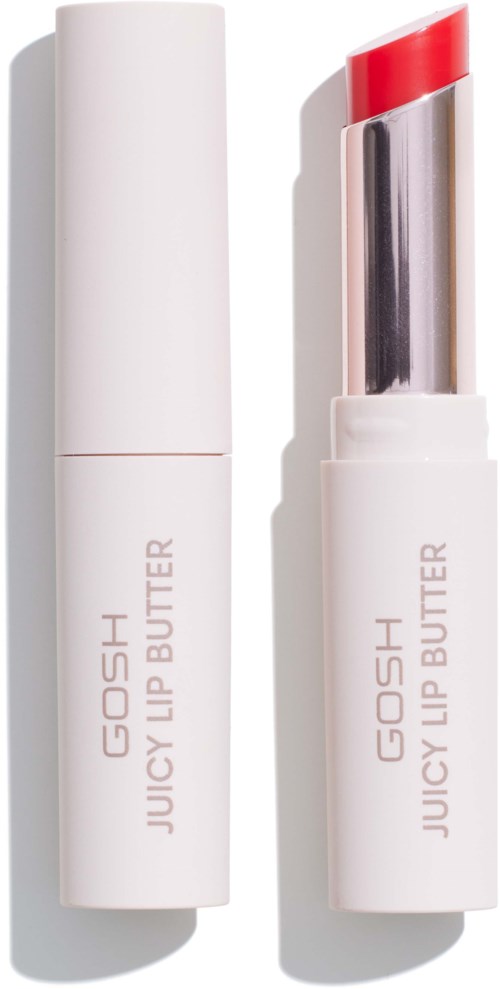 Ein weißer Lippenstift mit rotem Lip Balm, beschriftet 'GOSH Juicy Lip Butter,' ohne Deckel.