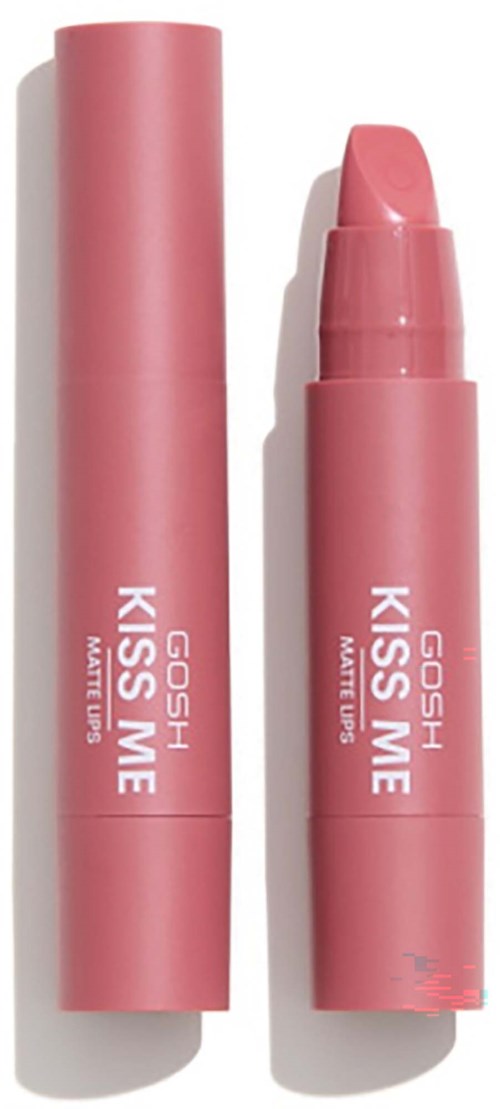 A pink lipstick tube with the words GOSH KISS ME written on it.