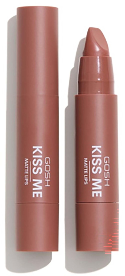 Ein Lippenstift mit passendem Deckel in zartem Rosa, trägt die Aufschrift GOSH KISS ME.