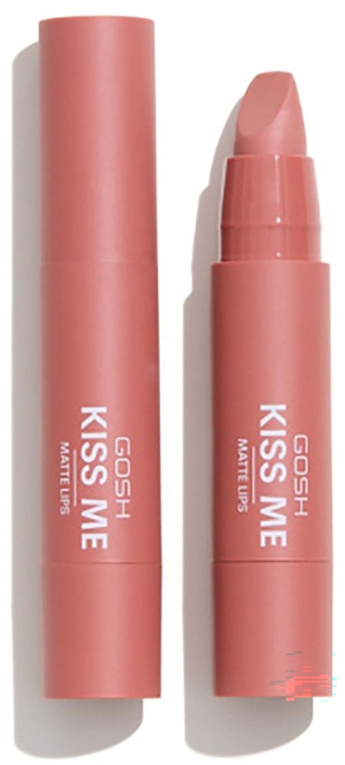 A pink lipstick tube and cap with the words GOSH KISS ME MATTE LIP.