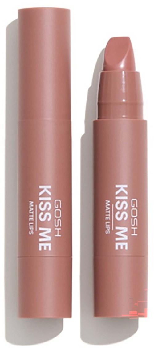Ein rosa Lippenstift mit Beschriftung GOSH KISS ME und einer passenden Tube nebeneinander.