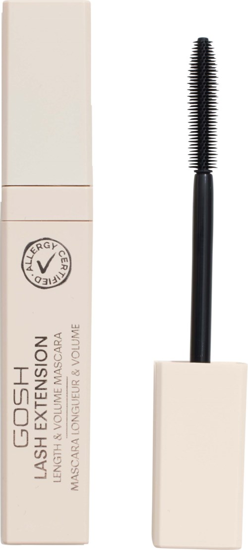 A mascara tube with a curved brush next to a box labeled "Lash Explosion" and allergen-free.