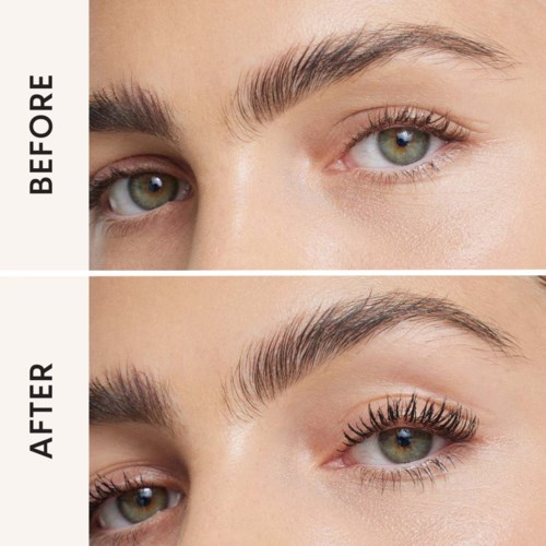 Close-up of eye area showing before and after eyebrow grooming and eyelash enhancement.