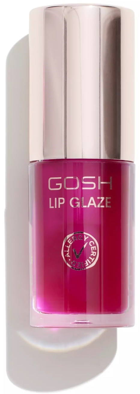Pinkki huulikiilto pullo, jossa hopeinen korkki, merkinnällä 'GOSH Lip Glaze'.