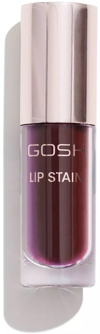 A lip stain in a glass bottle with a shiny silver cap. Text on the bottle says "GOSH LIP STAIN."