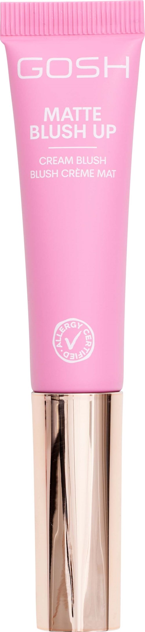 Pinkki putkilopakkaus GOSH Matte Blush Up -kerrottajauhetta ja kullokehusta.