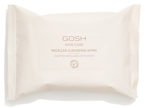 White pack of Gosh micellar cleansing wipes, simple design, emphasizes skin care, gentle cleansing.