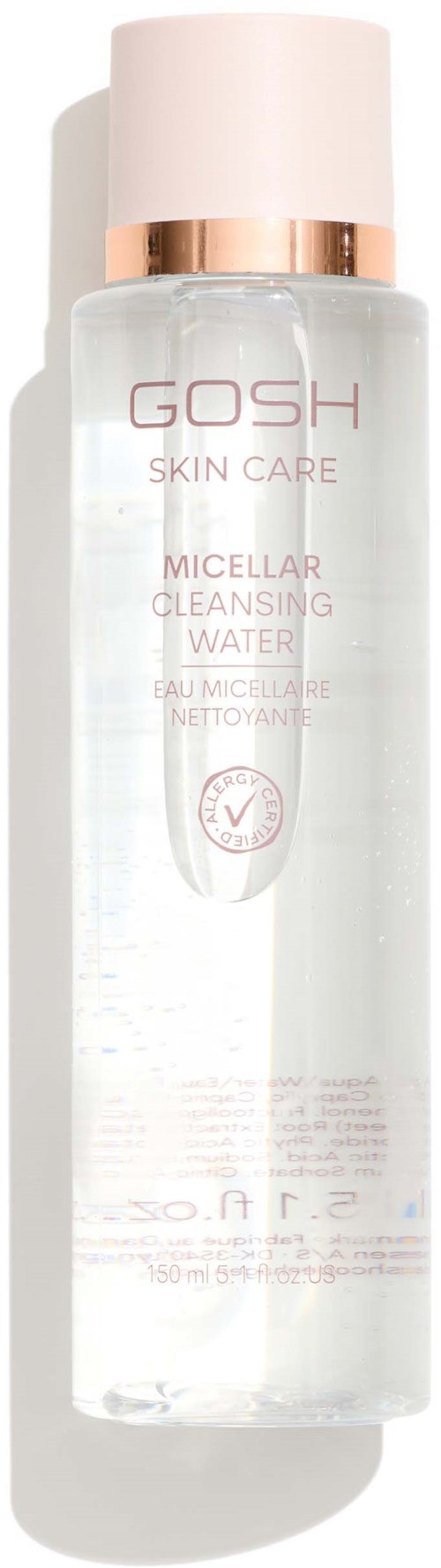 Een doorzichtige fles met een witte dop en roségoud band, met label GOSH Skin Care Micellar Cleansing Water.