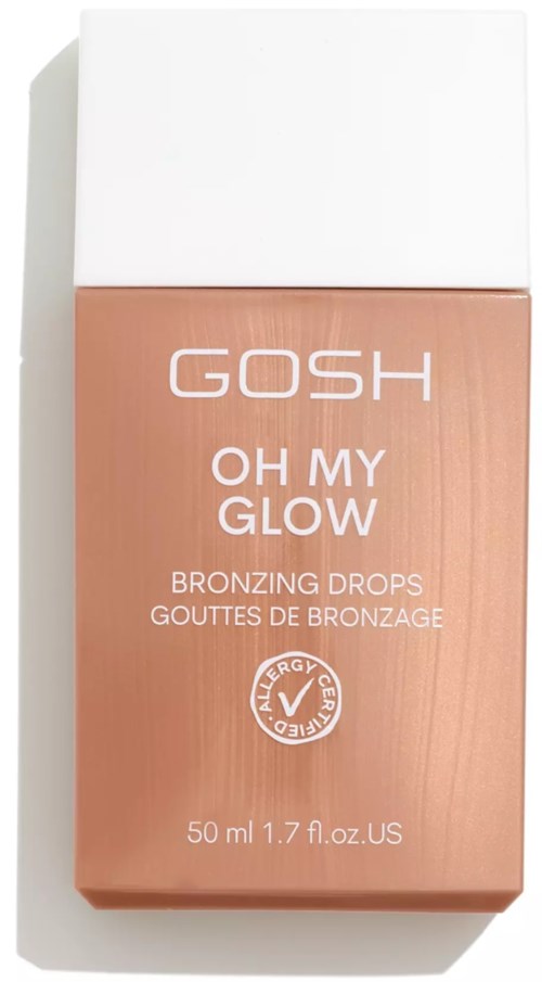 En låda med GOSH Oh My Glow-bronzingdroppar, 50 ml, i en rosa flaska med vit och rosa etikett.