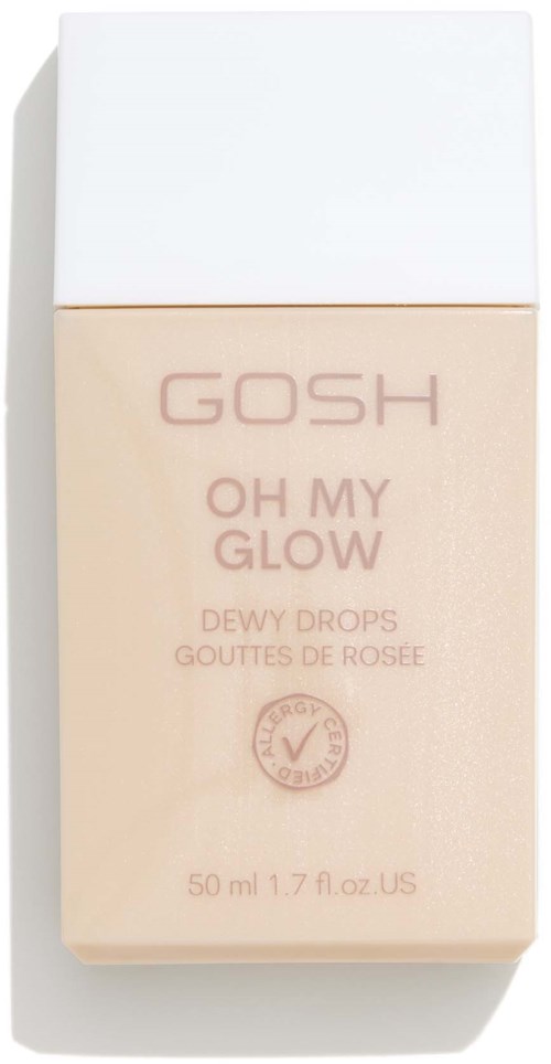 A skincare product called GOSH Oh My Glow Dewy Drops in a light-colored bottle.