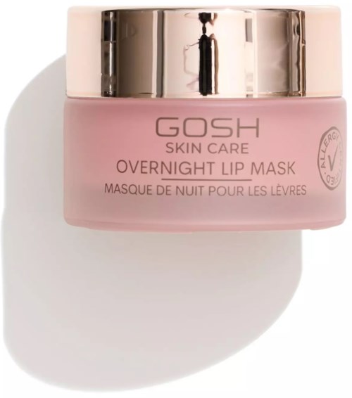 Een roze potje GOSH huidverzorging nacht lip mask, met een glanzende gouden deksel, werpt schaduw.